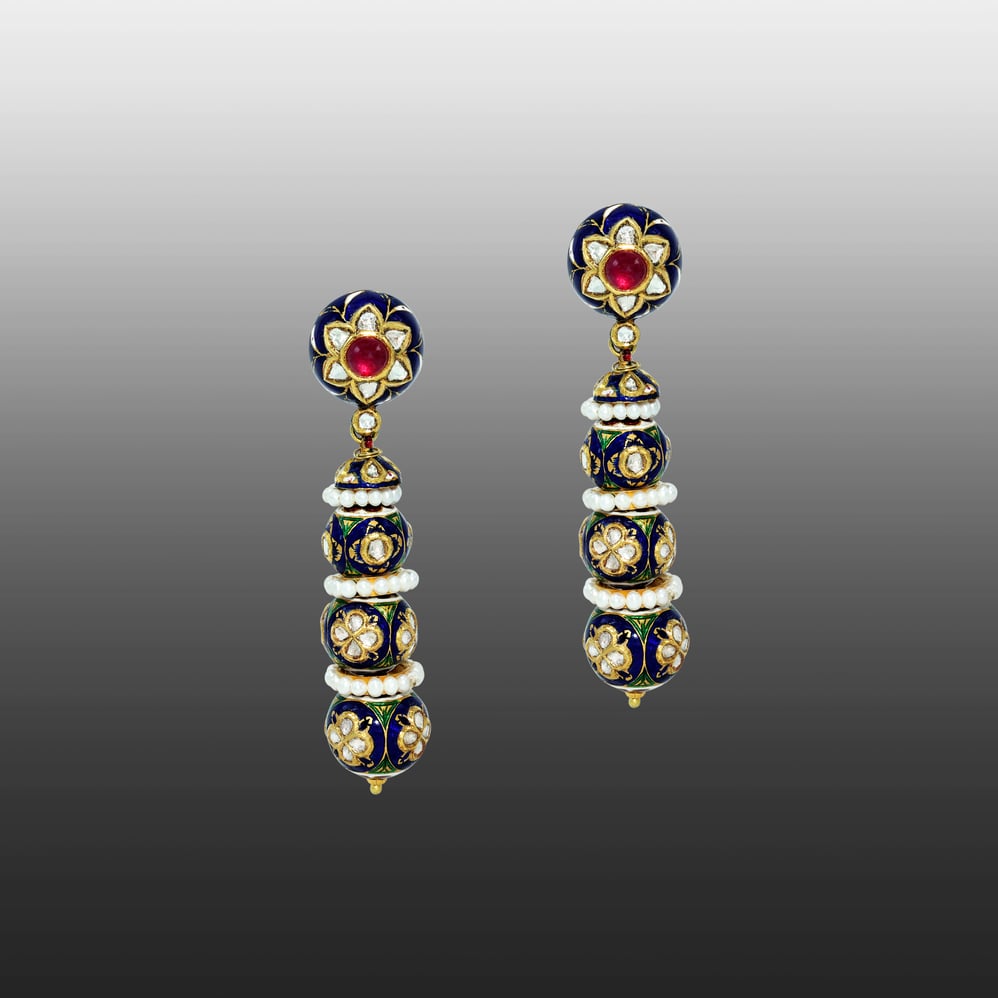 Floral Ruby Stud Earrings with Blue Meenakari and Polki Beads